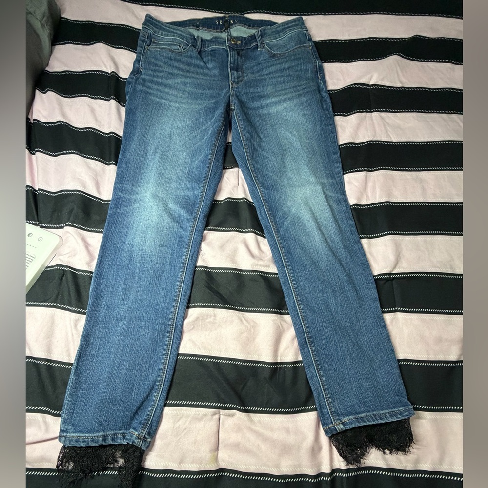 White House Black Market Blue Straight-Leg Jeans with Black Lace Trim
